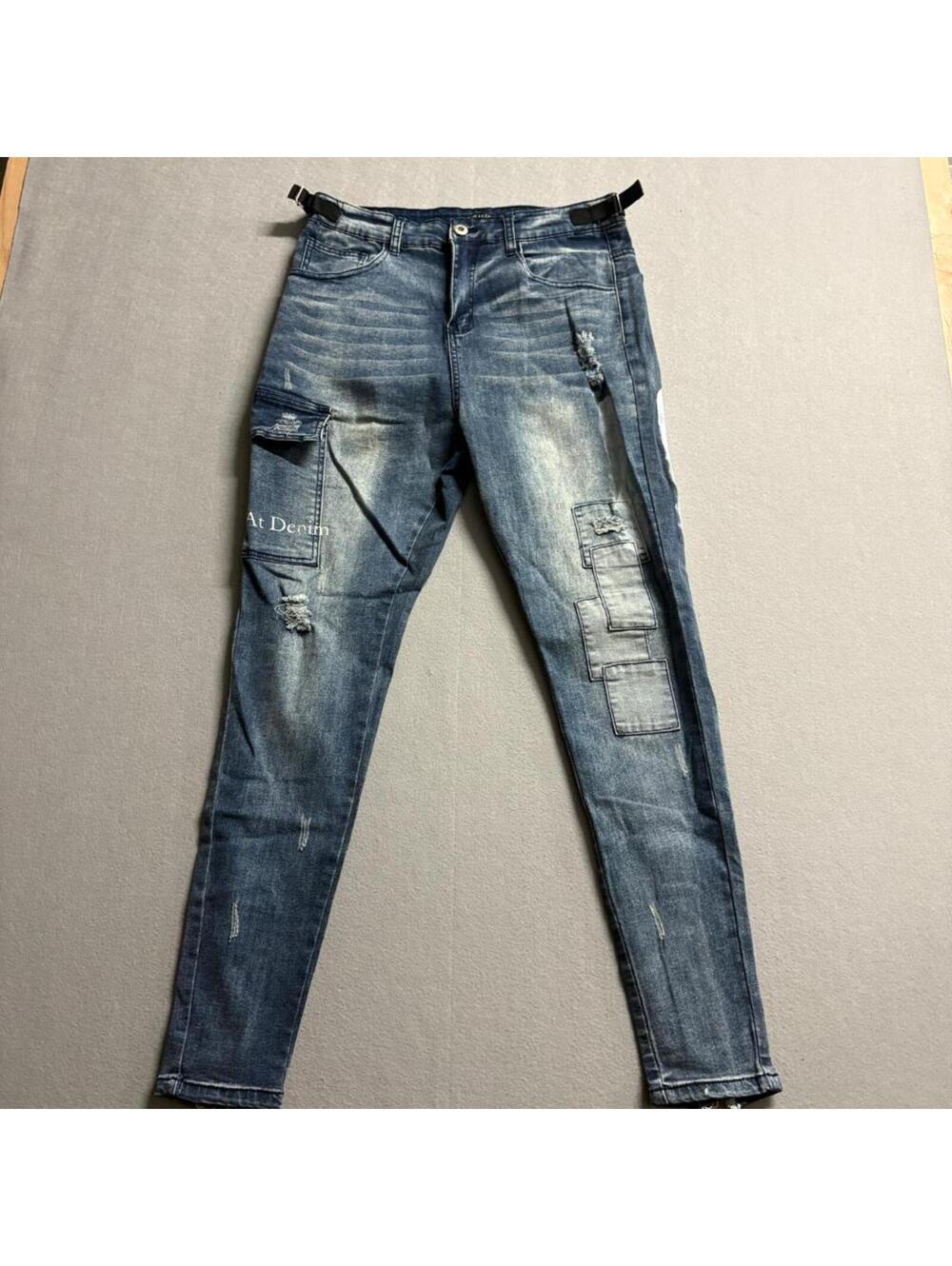 Astatine Denim Mens 32 Distressed Patchwork Skinny Jeans Blue Zip Ankle Cargo
